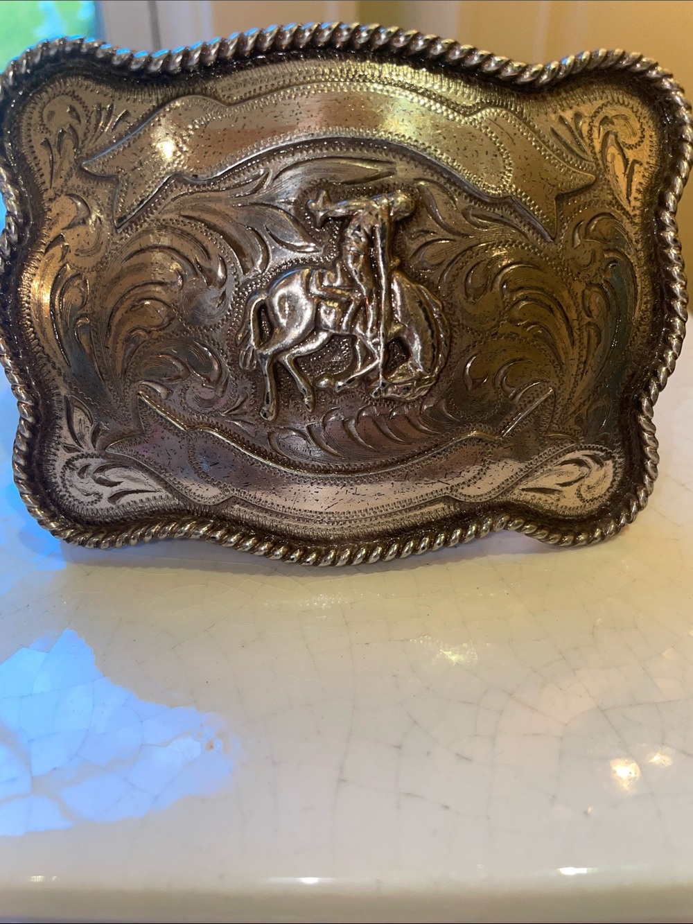 Vintage Polo Ralph Western Silver-Tone Rodeo Buckle Belt - tan Leather